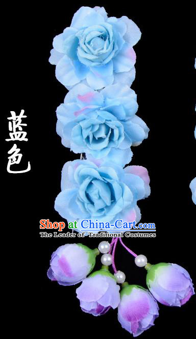 Traditional Beijing Opera Diva Red Hair Accessories Blue Flowers Temples Hairpin, Ancient Chinese Peking Opera Tassel Step Shake Hua Tan Hairpins Headwear