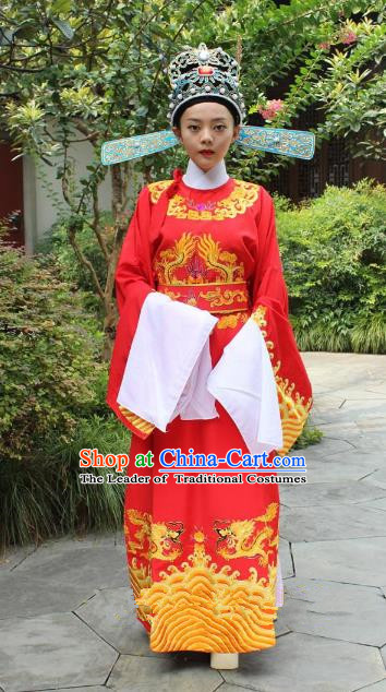 Top Grade Professional Beijing Opera Niche Costume Lang Scholar Red Embroidered Robe and Hat, Traditional Ancient Chinese Peking Opera Officer Embroidery Gwanbok Clothing