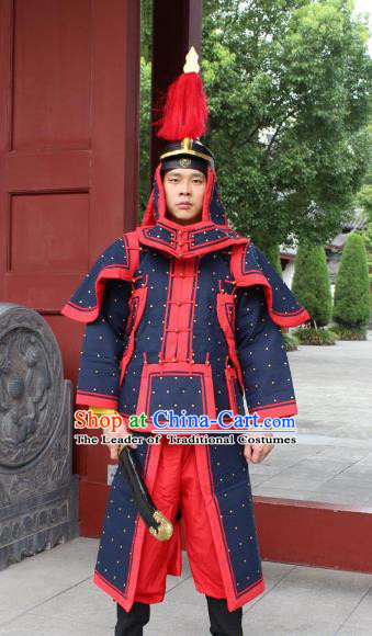 Traditional China Beijing Opera Qing Dynasty General Costume Helmet and Armour, Ancient Chinese Peking Opera Manchu Imperial Bodyguard Warrior Black Clothing