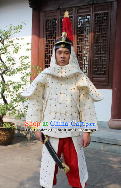 Traditional China Beijing Opera Qing Dynasty General Costume Helmet and Armour, Ancient Chinese Peking Opera Manchu Imperial Bodyguard Warrior White Clothing