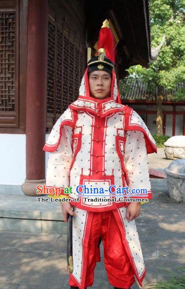 Traditional China Beijing Opera Qing Dynasty General Costume White Helmet and Armour, Ancient Chinese Peking Opera Manchu Imperial Bodyguard Warrior Clothing