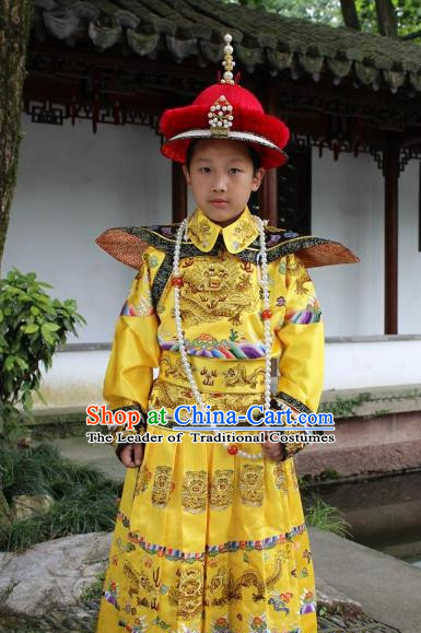 Traditional China Beijing Opera Qing Dynasty Emperor Costume Children Embroidered Robe, Chinese Peking Opera Manchu King Embroidery Dragon Clothing for Kids