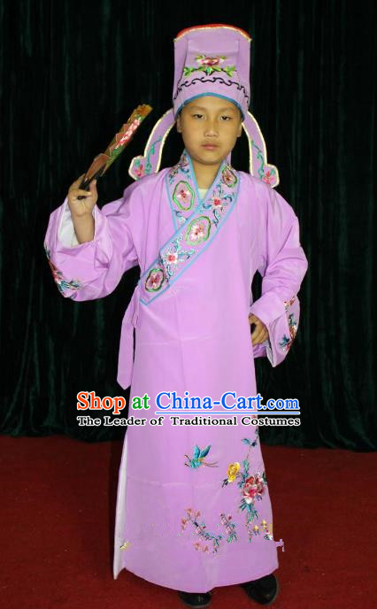 Top Grade Professional Beijing Opera Niche Costume Pink Embroidered Robe, Traditional Ancient Chinese Peking Opera Lang Scholar Embroidery Clothing for Kids