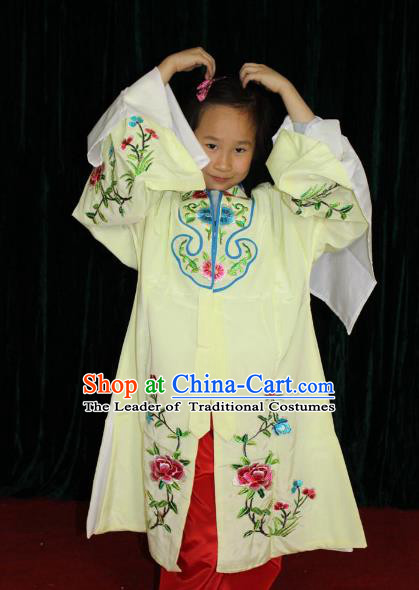 Top Grade Professional Beijing Opera Princess Costume Hua Tan Yellow Embroidered Cape, Traditional Ancient Chinese Peking Opera Diva Embroidery Clothing for Kids
