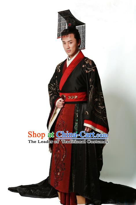 Traditional Chinese Ancient Qin Dynasty Emperor Embroidered Wedding Costume, China Han Dynasty Majesty Embroidery Hanfu Black Robe Clothing