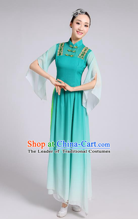 Traditional Chinese Yangge Fan Dance Costume, Chinese Classical Umbrella Dance Green Uniform Yangko Embroidery Clothing for Women