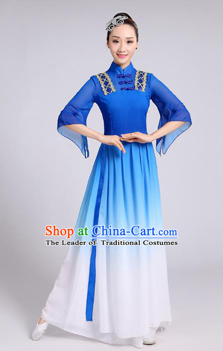 Traditional Chinese Yangge Fan Dance Costume, Chinese Classical Umbrella Dance Blue Chiffon Dress Yangko Embroidery Clothing for Women