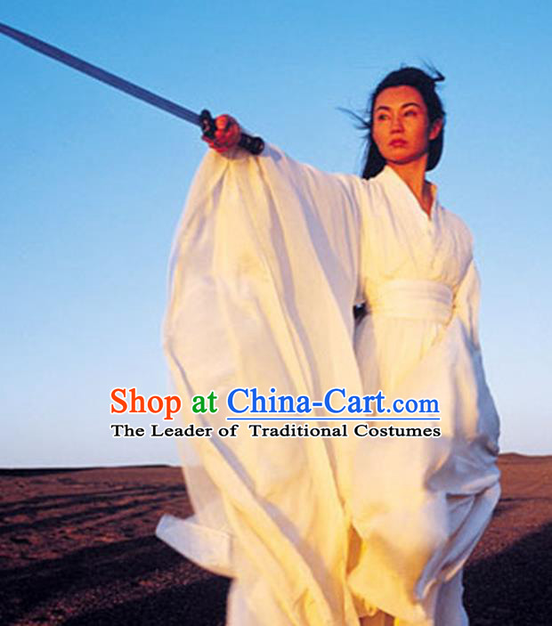 Traditional Chinese Ancient Female Swordsman Costume, Chinese Qin Dynasty Kawaler Hanfu White Dress Clothing for Women