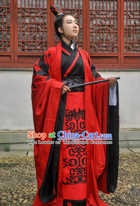 Traditional Ancient Chinese Imperial Emperor Wedding Costume Red Robe, Elegant Hanfu Clothing Chinese Han Dynasty Bridegroom Embroidered Clothing for Men