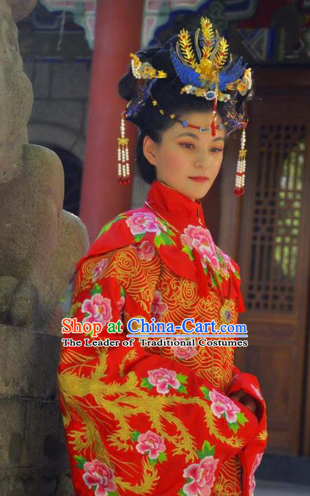 Traditional Ancient Chinese Imperial Empress Wedding Costume Complete Set, Elegant Hanfu Clothing Chinese Ming Dynasty Bride Embroidered Red Dress Clothing
