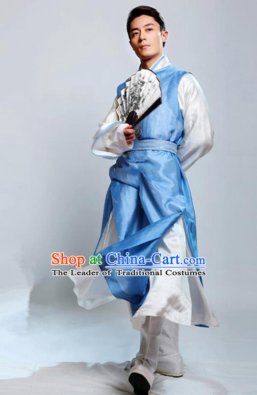 Traditional Chinese Ming Dynasty Nobility Childe Costume Swordsman Blue Long Robe, Chinese Ancient Prince Embroidery Clothing for Men