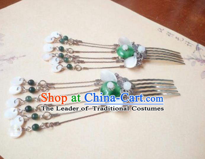 Traditional Handmade Chinese Ancient Classical Hair Accessories Hairpins Tassel Green Jade Hair Comb for Women
