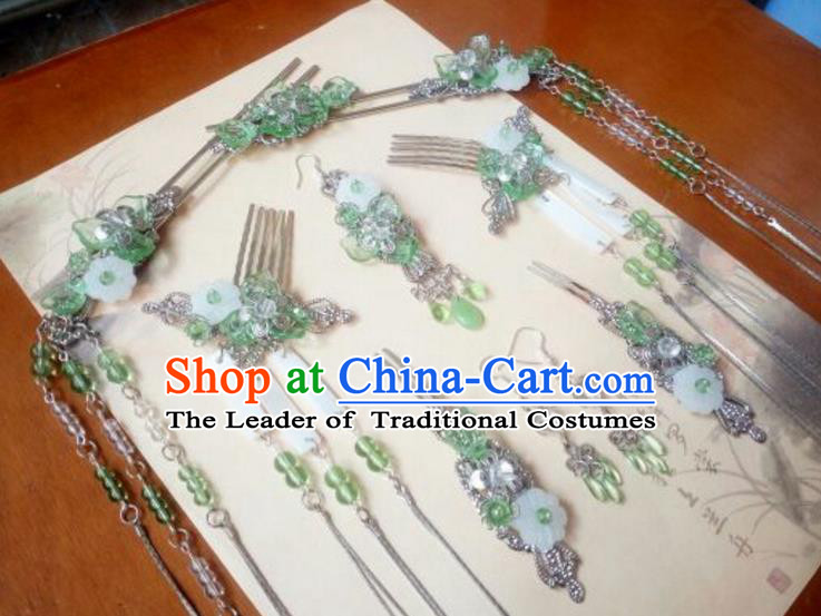 Traditional Handmade Chinese Ancient Classical Hair Accessories Complete Set, Palace Princess Hairpins Tassel Hair Comb Headwear for Women