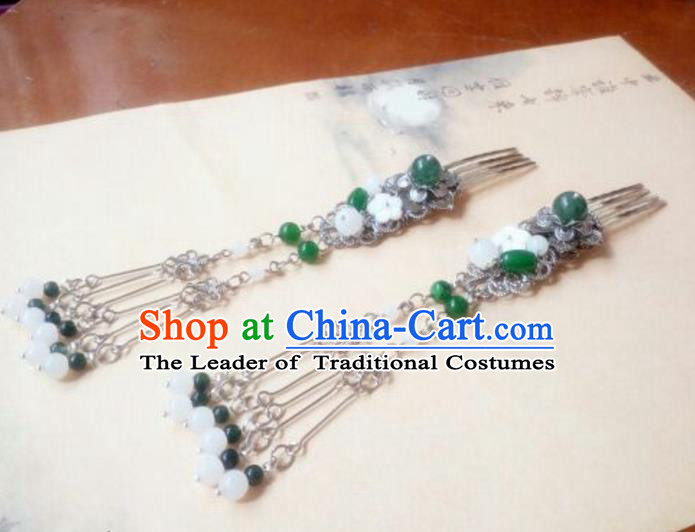 Traditional Handmade Chinese Ancient Classical Hair Accessories Green Bead Tassel Hair Comb Headwear for Women
