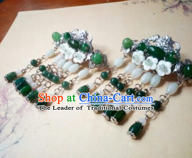 Traditional Handmade Chinese Ancient Classical Hair Accessories Green Coloured Glaze Beads Tassel Hair Stick Headwear for Women