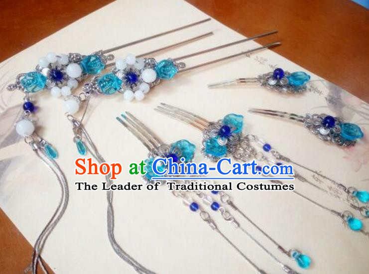 Traditional Handmade Chinese Ancient Classical Hair Accessories Hairpins Blue Coloured Glaze Hair Comb Headwear Complete Set for Women
