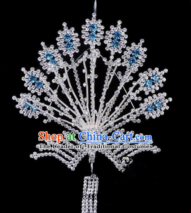 Traditional Beijing Opera Diva Hair Accessories Blue Crystal Phoenix Hairpins, Ancient Chinese Peking Opera Hua Tan Tassel Step Shake Hair Stick Headwear