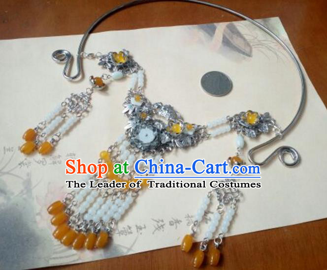 Traditional Handmade Chinese Ancient Classical Hanfu Accessories Necklace, Princess Palace Lady Yellow Beads Tassel Necklet Collar for Women