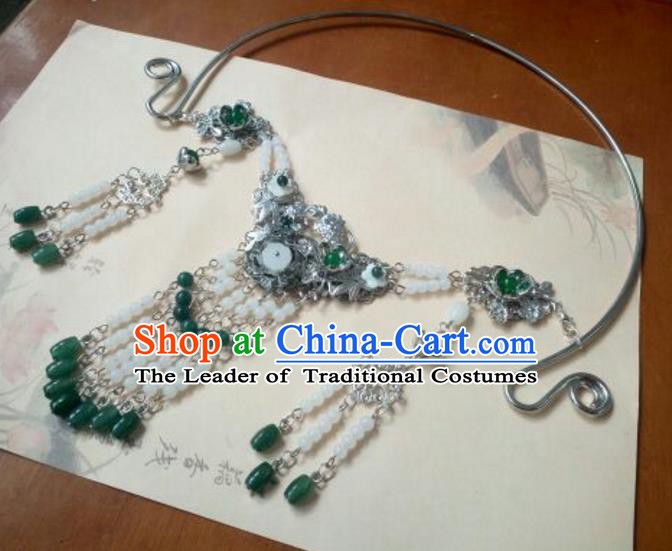 Traditional Handmade Chinese Ancient Classical Hanfu Accessories Necklace, Princess Palace Lady Green Beads Tassel Necklet Collar for Women