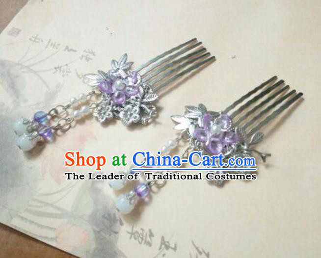 Traditional Handmade Chinese Ancient Classical Hanfu Hair Accessories Purple Flower Hair Comb, Princess Palace Lady Tassel Hairpins for Women