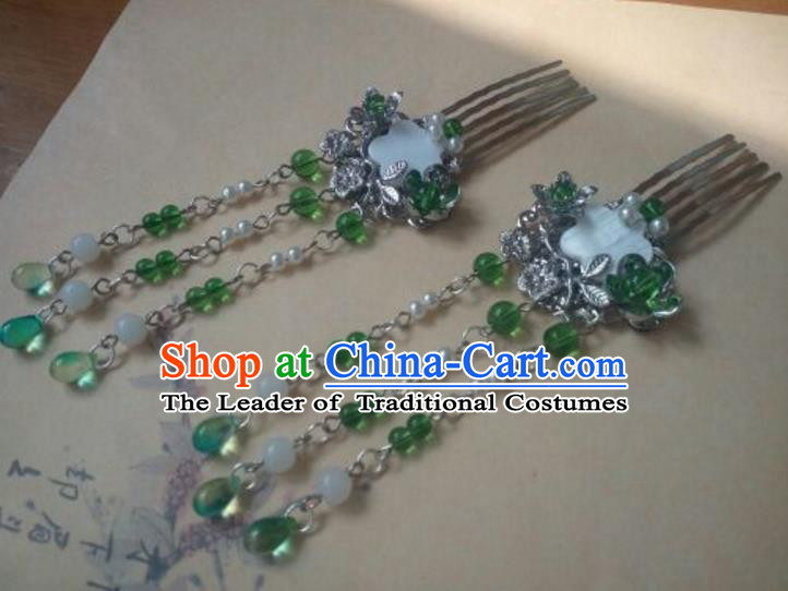 Traditional Handmade Chinese Ancient Classical Hanfu Hair Accessories Tassel Hairpins, Princess Palace Lady Green Tassel Hair Comb for Women