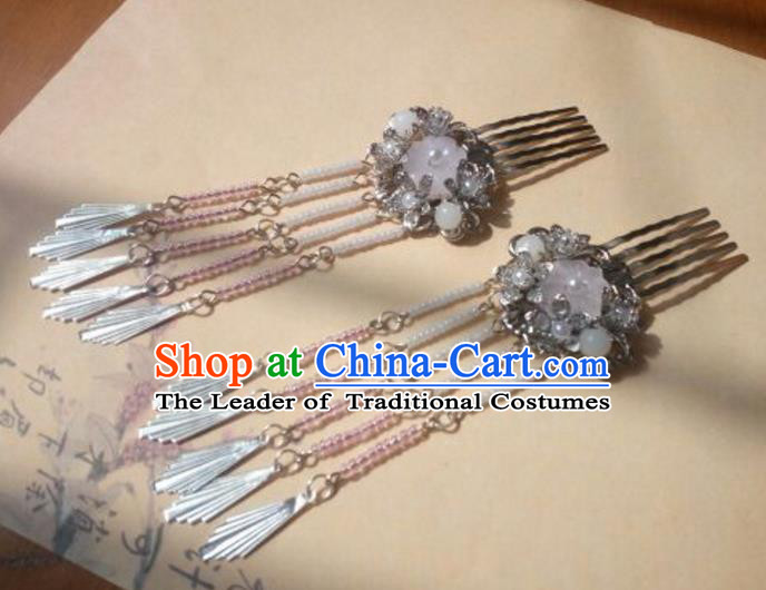 Traditional Handmade Chinese Ancient Classical Hanfu Hair Accessories Hairpins Pink Tassel Hair Comb, Princess Headpiece Palace Lady Step Shake Hair Stick for Women