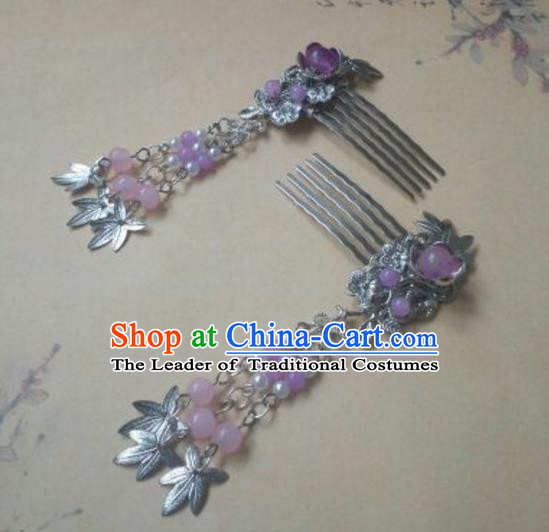 Traditional Handmade Chinese Ancient Classical Hanfu Hair Accessories Hairpins Purple Hair Comb, Princess Palace Lady Tassel Step Shake Hair Stick for Women