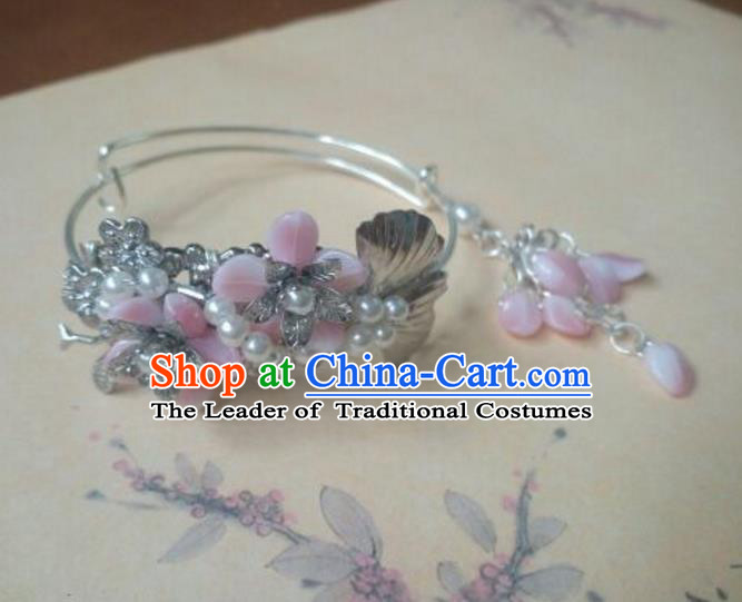 Traditional Handmade Chinese Ancient Classical Hanfu Bracelets, Princess Palace Lady Pink Tassel Bangle for Women