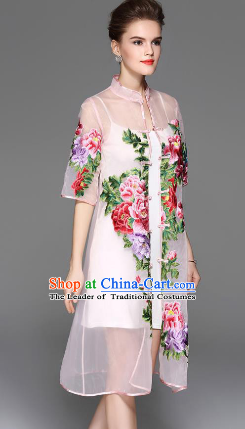 Traditional Top Grade Asian Chinese Costumes Classical Embroidery Peony Pink Coat, China National Plated Buttons Dust Coat for Women