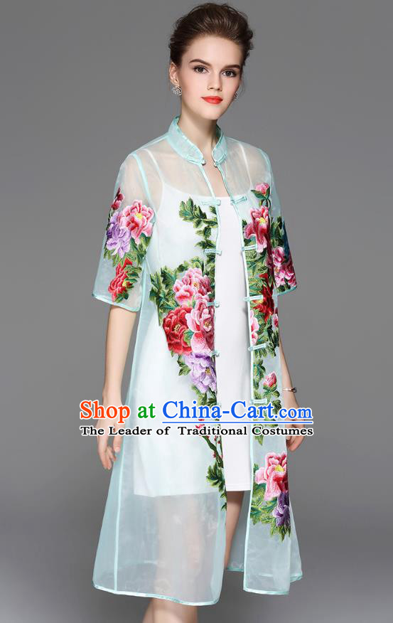 Traditional Top Grade Asian Chinese Costumes Classical Embroidery Peony Light Blue Coat, China National Plated Buttons Dust Coat for Women
