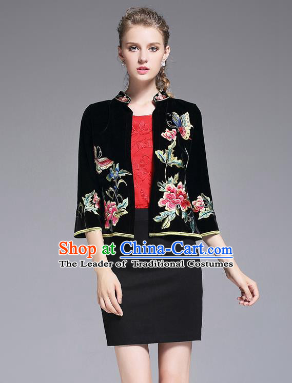 Traditional Top Grade Asian Chinese Costumes Classical Embroidery Peony Short Coat, China National Black Jacket for Women