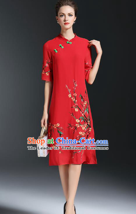 Top Grade Asian Chinese Costumes Classical Embroidery Plum Blossom Slant Opening Cheongsam, Traditional China National Red Chiffon Chirpaur Dress Plated Buttons Qipao for Women