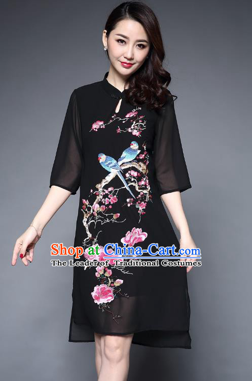 Top Grade Asian Chinese Costumes Classical Embroidery Birds Flowers Cheongsam, Traditional China National Chiffon Chirpaur Dress Black Qipao for Women