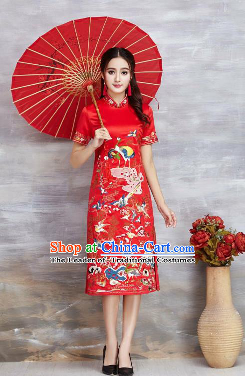 Top Grade Asian Chinese Costumes Classical Embroidery Cranes Cheongsam, Traditional China National Red Chirpaur Dress Satin Qipao for Women