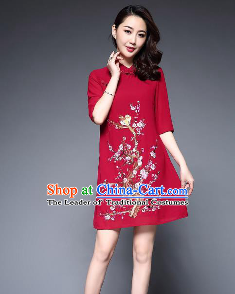 Top Grade Asian Chinese Costumes Classical Embroidery Plum Blossom Short Cheongsam, Traditional China National Red Chirpaur Dress Qipao for Women