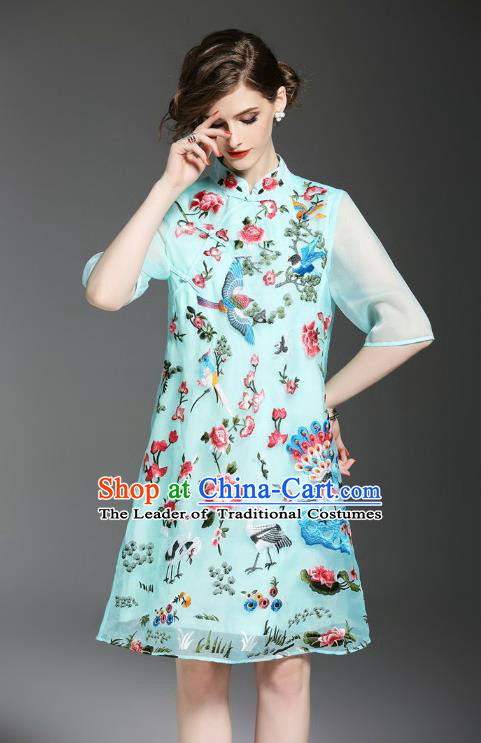 Asian Chinese Oriental Costumes Classical Embroidery Light Blue Cheongsam, Traditional China National Tang Suit Qipao Dress for Women