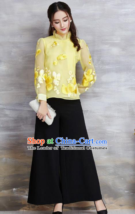 Asian Chinese Oriental Costumes Classical Embroidery Flowers Yellow Chiffon Blouse, Traditional China National Tang Suit Cheongsam Upper Outer Garment for Women