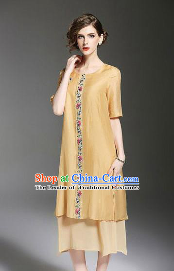 Asian Chinese Oriental Costumes Classical Embroidery Yellow Chiffon Dress, Traditional China National Tang Suit Qipao Dress for Women