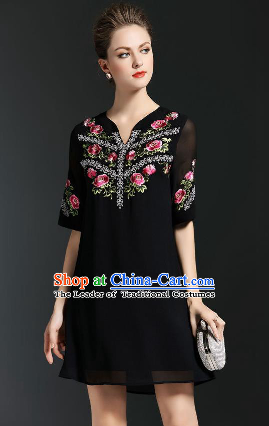 Asian Chinese Oriental Costumes Classical Embroidery Black Chiffon Short Dress, Traditional China National Tang Suit Qipao Dress for Women