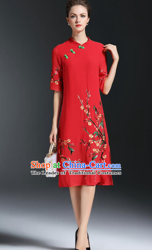 Asian Chinese Oriental Costumes Classical Embroidery Plum Blossom Red Cheongsam, Traditional China National Chirpaur Tang Suit Qipao Dress for Women