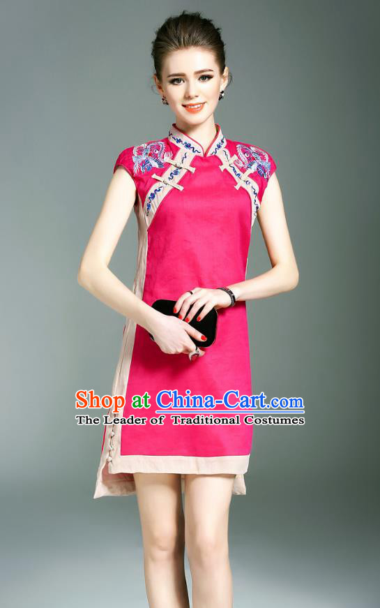 Asian Chinese Oriental Costumes Classical Double-Breasted Embroidery Rosy Cheongsam, Traditional China National Chirpaur Tang Suit Qipao Dress for Women