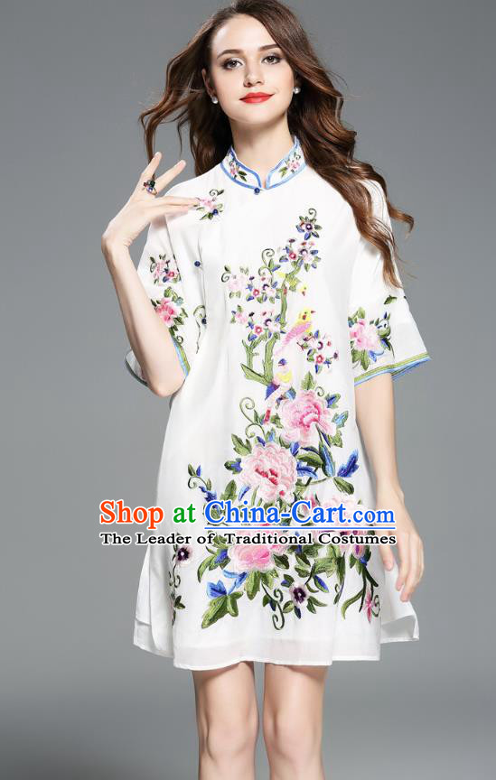 Asian Chinese Oriental Costumes Classical Embroidery Peony White Cheongsam Upper Outer Garment, Traditional China National Chirpaur Tang Suit Stand Collar Blouse for Women