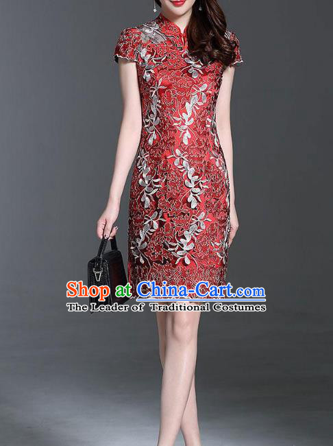 Asian Chinese Oriental Costumes Classical Palace Embroidery Red Lace Cheongsam, Traditional China National Chirpaur Tang Suit Stand Collar Qipao Dress for Women