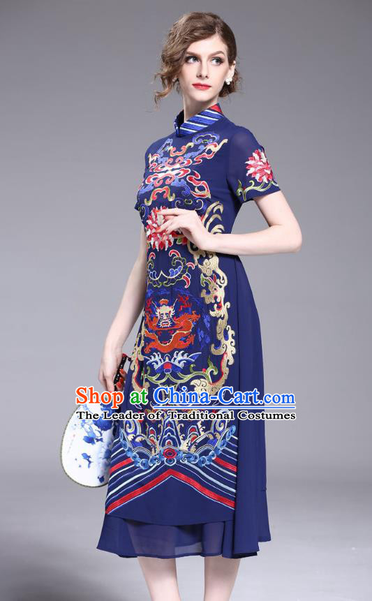 Asian Chinese Oriental Costumes Classical Embroidery Dragon Chiffon Navy Cheongsam, Traditional China National Tang Suit Stand Collar Qipao Dress for Women