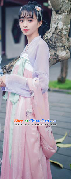 Traditional Asian Oriental China Costume Embroidery Palace Lady Blouse and Pink Skirt Complete Set, Chinese Hanfu Tang Dynasty Princess Embroidered Dress for Women