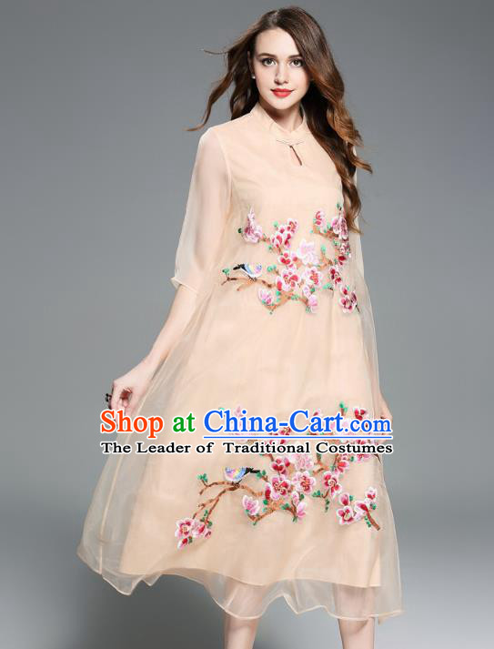 Asian Chinese Oriental Costumes Classical Embroidery Apricot Silk Cheongsam, Traditional China National Chirpaur Tang Suit Plated Buttons Qipao for Women