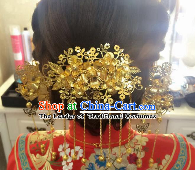 Aisan Chinese Handmade Classical Hair Accessories Tassel Golden Hair Comb, China Xiuhe Suit Hairpins Wedding Headwear for Women