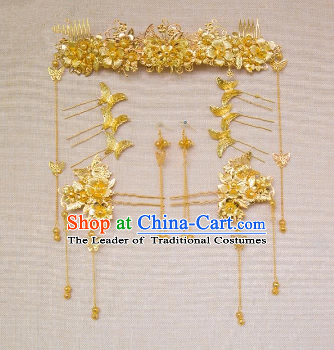 Aisan Chinese Handmade Classical Hair Accessories Tassel Golden Hair Comb Complete Set, China Xiuhe Suit Hairpins Wedding Headwear for Women
