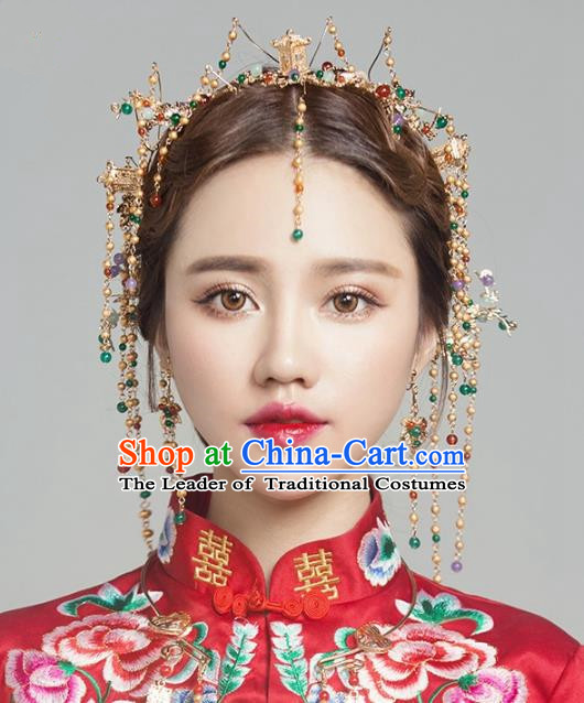 Aisan Chinese Handmade Classical Hair Accessories Phoenix Coronet Complete Set, China Xiuhe Suit Tassel Hairpins Wedding Headwear for Women