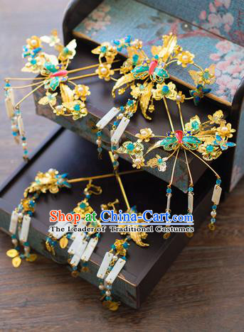 Aisan Chinese Handmade Classical Hair Accessories Green Butterfly Phoenix Coronet Complete Set, China Xiuhe Suit Hairpins Wedding Headwear for Women